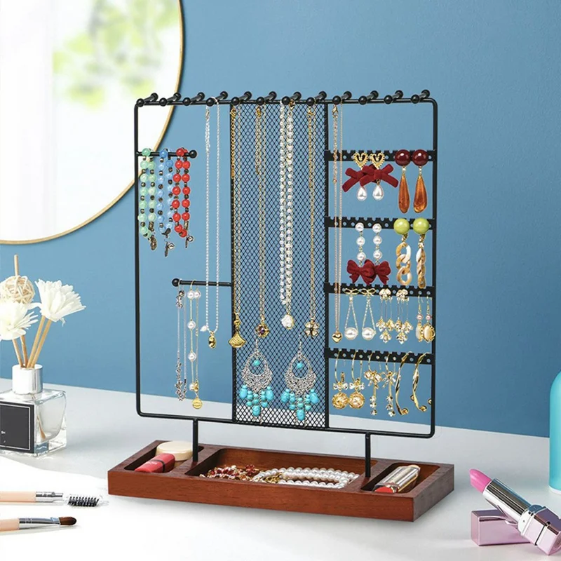 Multi-Tier Jewelry Stand Organizer Earring Bracelet Iron Display Rack with Wooden Base