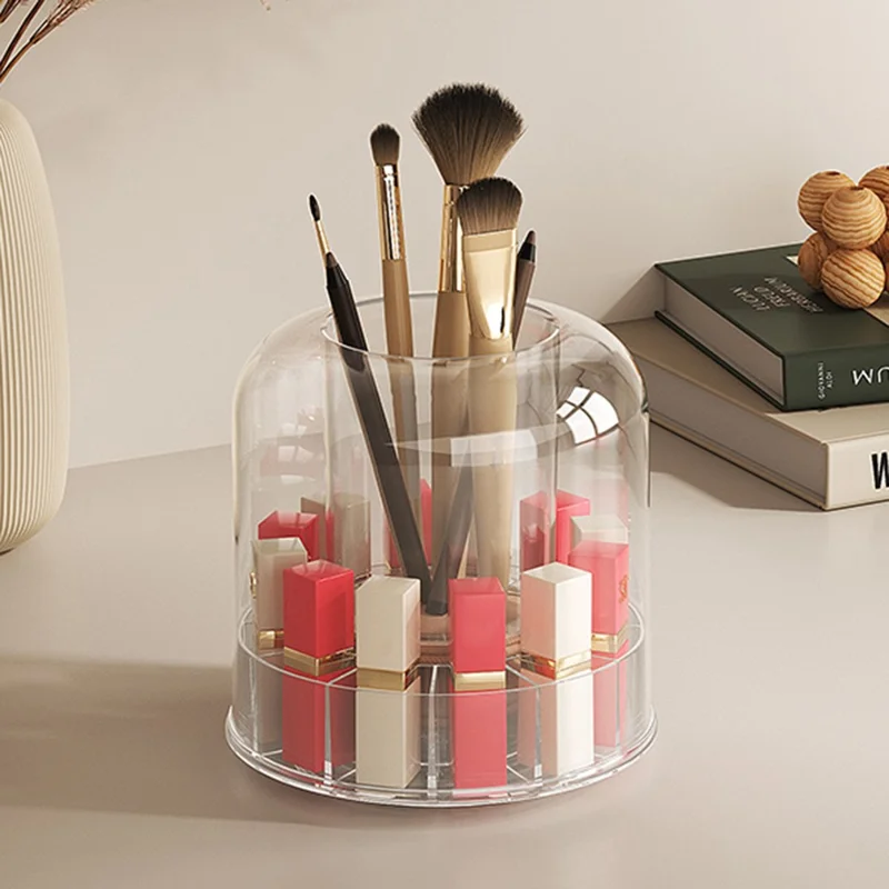 Organizador Giratório de Maquiagem com Compartimentos para Pincéis, Batons e Cosméticos - Recipiente de Armazenamento Transparente em PET com Base Removível