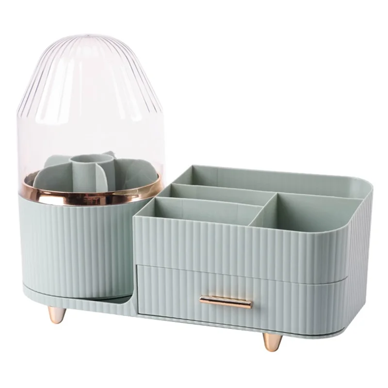 Rotating Makeup Organizer with Lid Cosmetics Brushes Lipsticks Skincare Storage Rack - Light Green