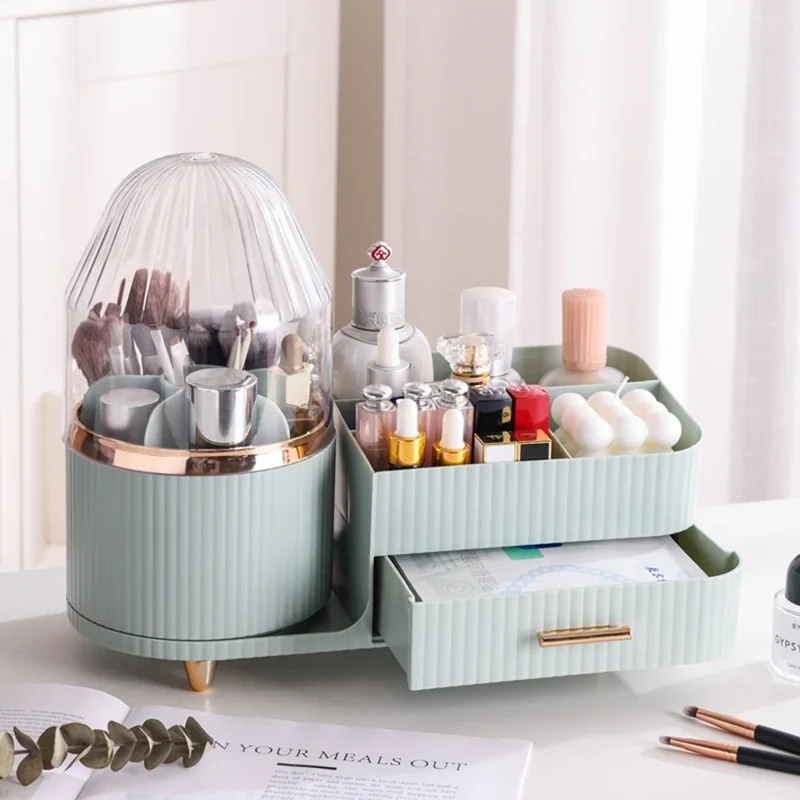 Rotating Makeup Organizer with Lid Cosmetics Brushes Lipsticks Skincare Storage Rack - Light Green