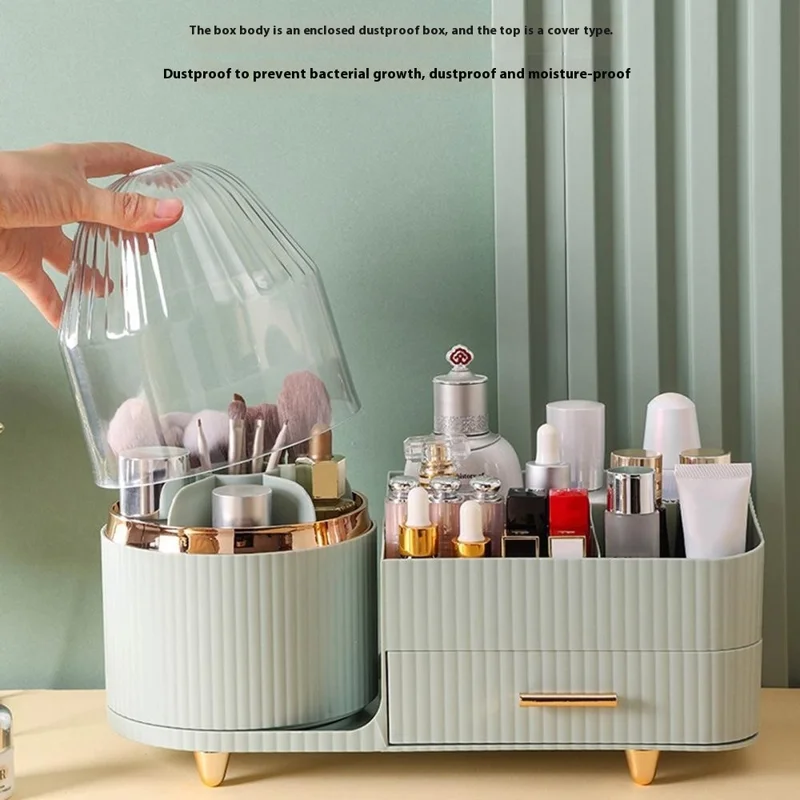 Rotating Makeup Organizer with Lid Cosmetics Brushes Lipsticks Skincare Storage Rack - Light Green