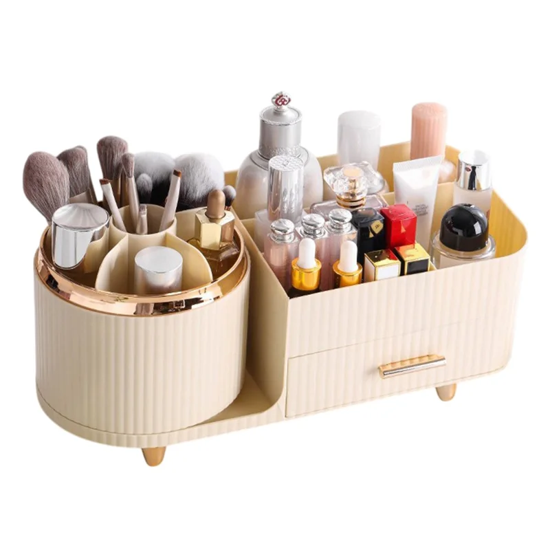 Organizador Giratorio de Maquillaje para Cosméticos, Brochas, Labiales y Productos de Cuidado de la Piel - Estante de Almacenamiento de Escritorio (Sin Tapa) - Beige