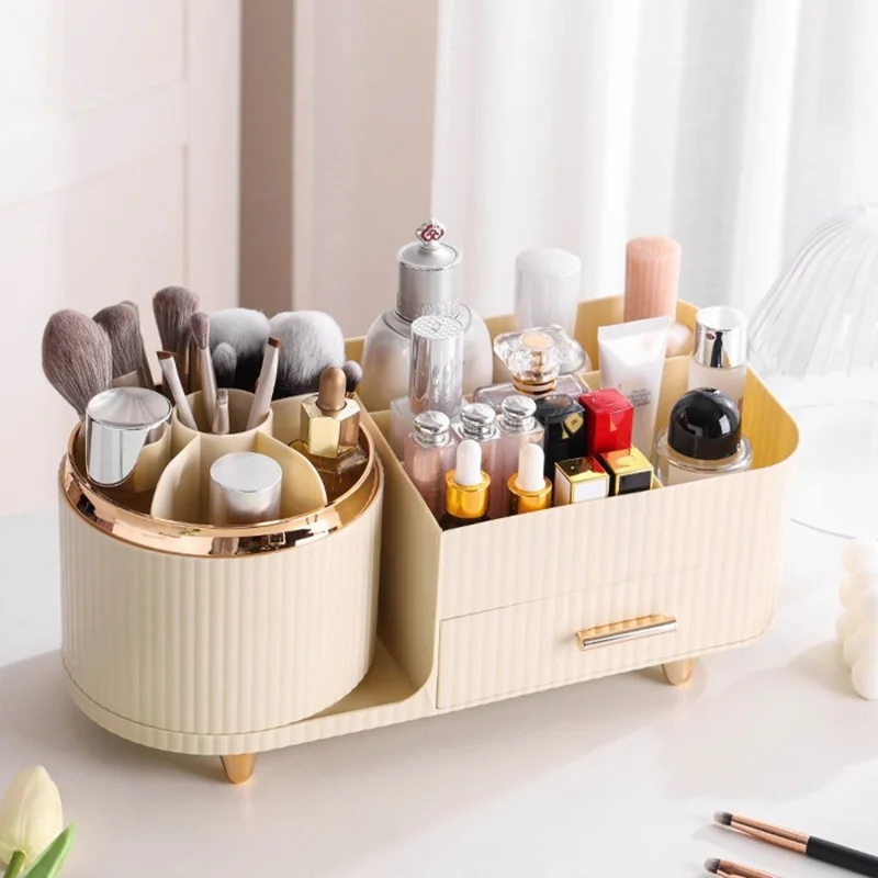 Organizador Giratorio de Maquillaje para Cosméticos, Brochas, Labiales y Productos de Cuidado de la Piel - Estante de Almacenamiento de Escritorio (Sin Tapa) - Beige