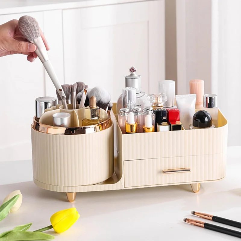 Organizador Giratorio de Maquillaje para Cosméticos, Brochas, Labiales y Productos de Cuidado de la Piel - Estante de Almacenamiento de Escritorio (Sin Tapa) - Beige