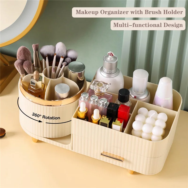 Organizador Giratorio de Maquillaje para Cosméticos, Brochas, Labiales y Productos de Cuidado de la Piel - Estante de Almacenamiento de Escritorio (Sin Tapa) - Beige