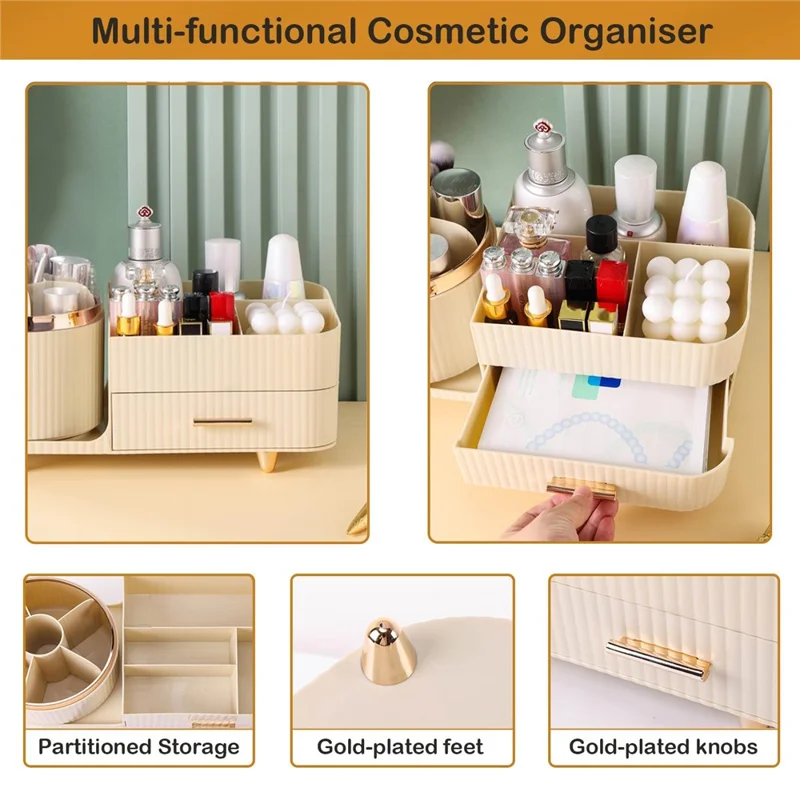 Organizador Giratorio de Maquillaje para Cosméticos, Brochas, Labiales y Productos de Cuidado de la Piel - Estante de Almacenamiento de Escritorio (Sin Tapa) - Beige