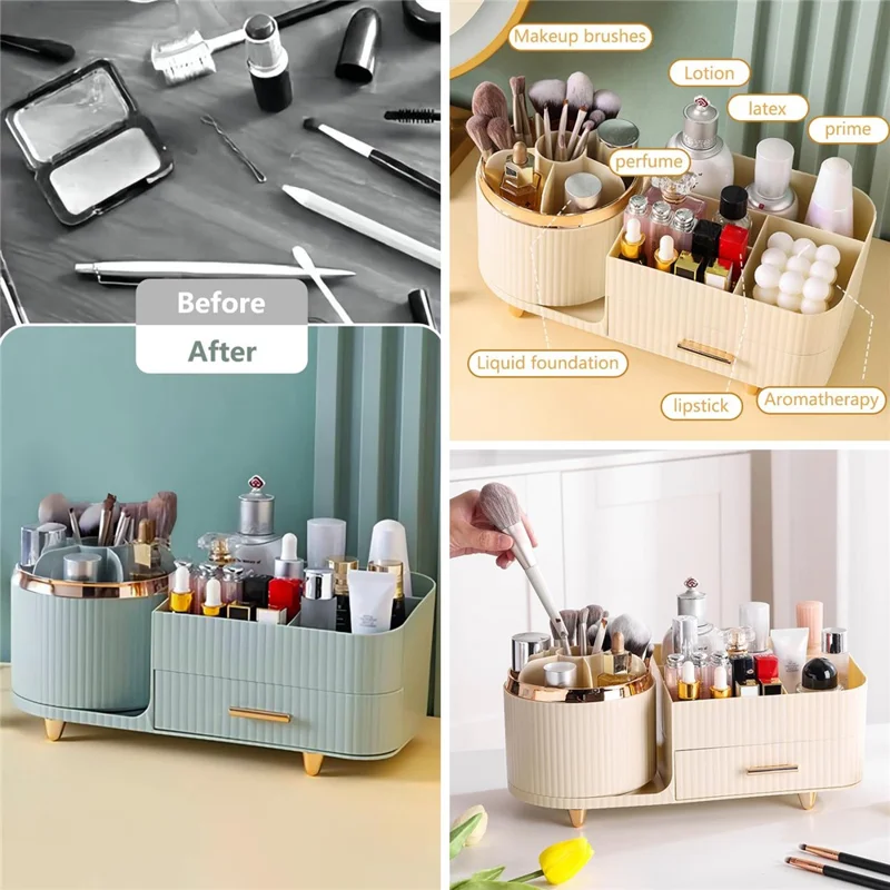Organizador Giratorio de Maquillaje para Cosméticos, Brochas, Labiales y Productos de Cuidado de la Piel - Estante de Almacenamiento de Escritorio (Sin Tapa) - Beige