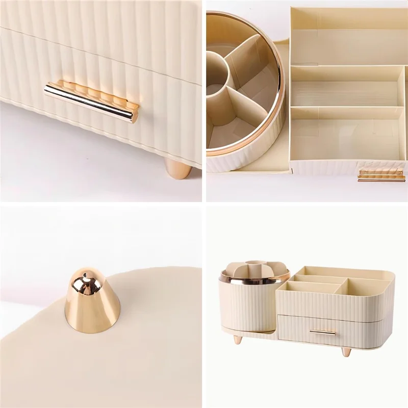 Organizador Giratorio de Maquillaje para Cosméticos, Brochas, Labiales y Productos de Cuidado de la Piel - Estante de Almacenamiento de Escritorio (Sin Tapa) - Beige