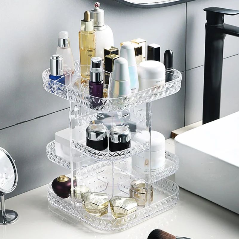 Square Diamond Texture Rotating Makeup Organizer Vanity Transparent PS Cosmetic Storage Rack