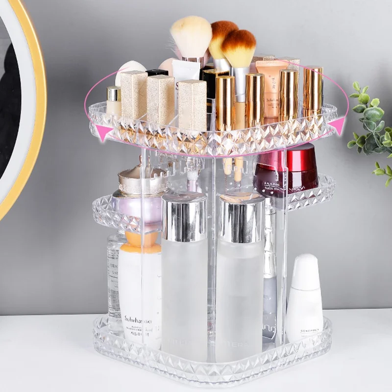 Square Diamond Texture Rotating Makeup Organizer Vanity Transparent PS Cosmetic Storage Rack