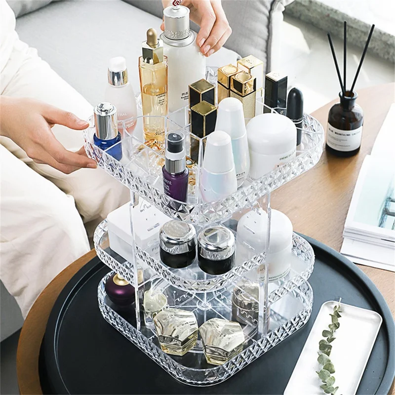 Square Diamond Texture Rotating Makeup Organizer Vanity Transparent PS Cosmetic Storage Rack