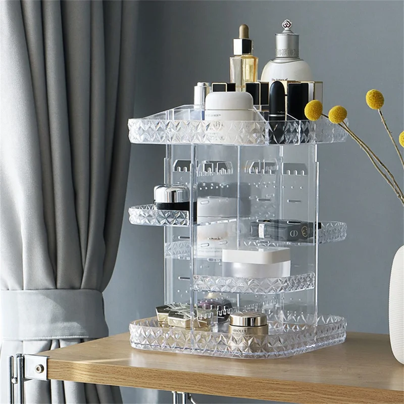 Square Diamond Texture Rotating Makeup Organizer Vanity Transparent PS Cosmetic Storage Rack