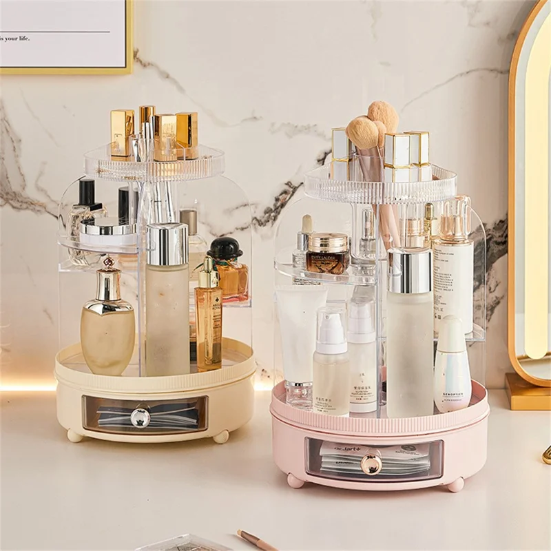 Organisateur de maquillage Boîte de rangement pivotante à 360 degrés pour le bureau Porte-cosmétiques pour la coiffeuse Chambre à coucher Rouge à lèvres Bijoux - Jaune crémeux