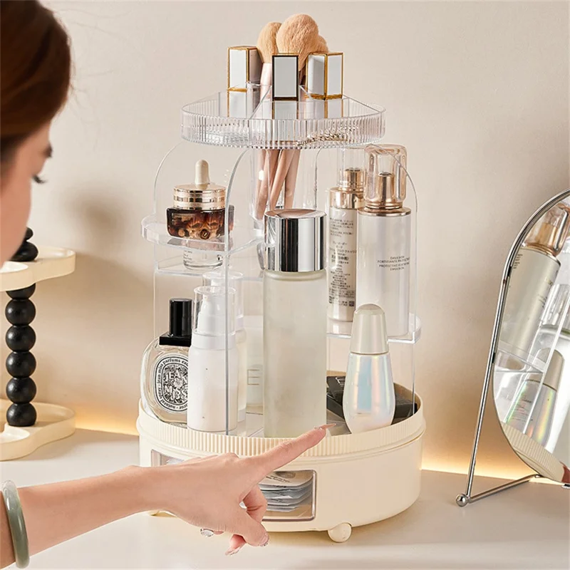 Organisateur de maquillage Boîte de rangement pivotante à 360 degrés pour le bureau Porte-cosmétiques pour la coiffeuse Chambre à coucher Rouge à lèvres Bijoux - Jaune crémeux
