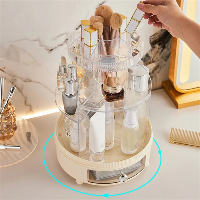 Organisateur de maquillage Boîte de rangement pivotante à 360 degrés pour le bureau Porte-cosmétiques pour la coiffeuse Chambre à coucher Rouge à lèvres Bijoux - Jaune crémeux