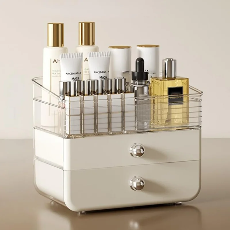 Organizador de Cosméticos com Gaveta e Suporte de Armazenamento Transparente para Maquiagem - Branco Creme para Mesa de Toalete e Exibição de Batom