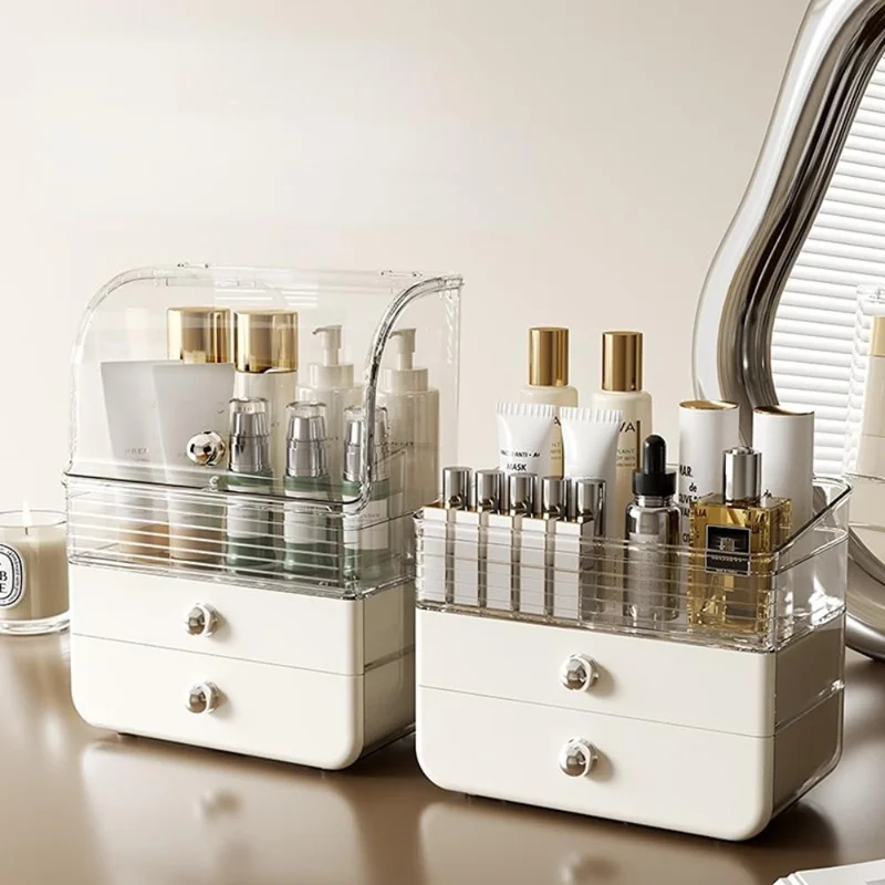 Organizador de Cosméticos com Gaveta e Suporte de Armazenamento Transparente para Maquiagem - Branco Creme para Mesa de Toalete e Exibição de Batom