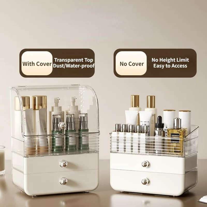 Organizador de Cosméticos com Gaveta e Suporte de Armazenamento Transparente para Maquiagem - Branco Creme para Mesa de Toalete e Exibição de Batom