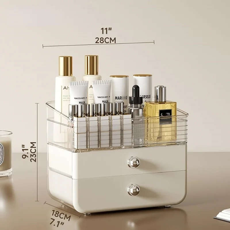 Organizador de Cosméticos com Gaveta e Suporte de Armazenamento Transparente para Maquiagem - Branco Creme para Mesa de Toalete e Exibição de Batom