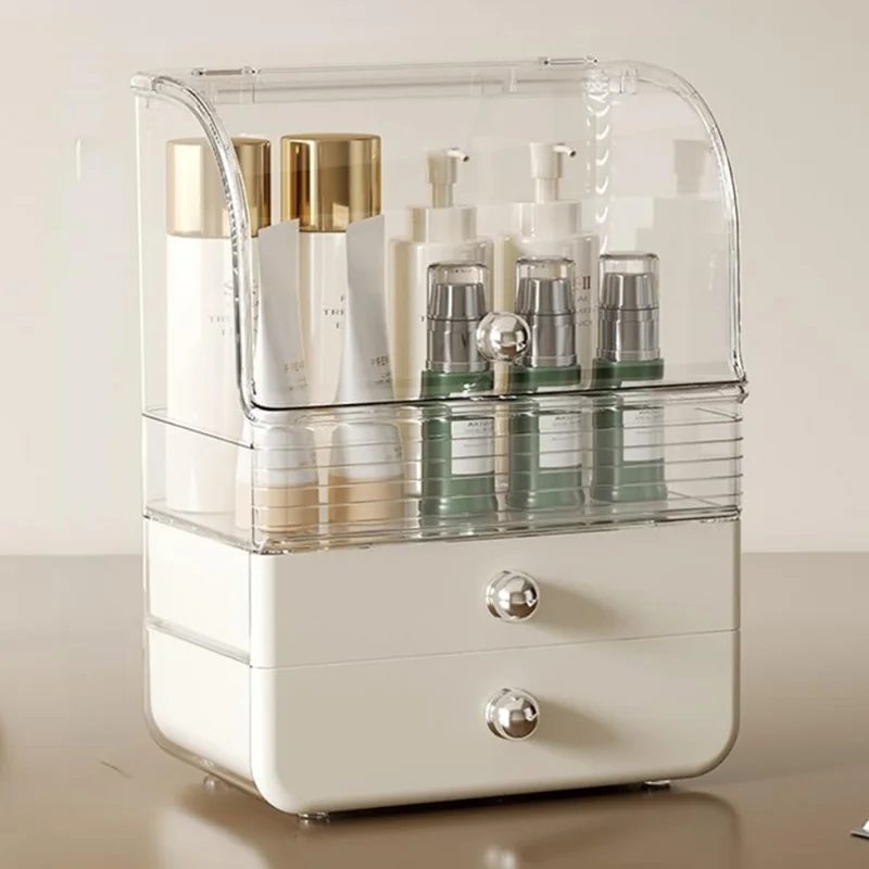 Caixa Organizadora de Cosméticos Transparente com Tampa Basculante Armazenamento de Gaveta para Penteadeira - Branco Cremoso