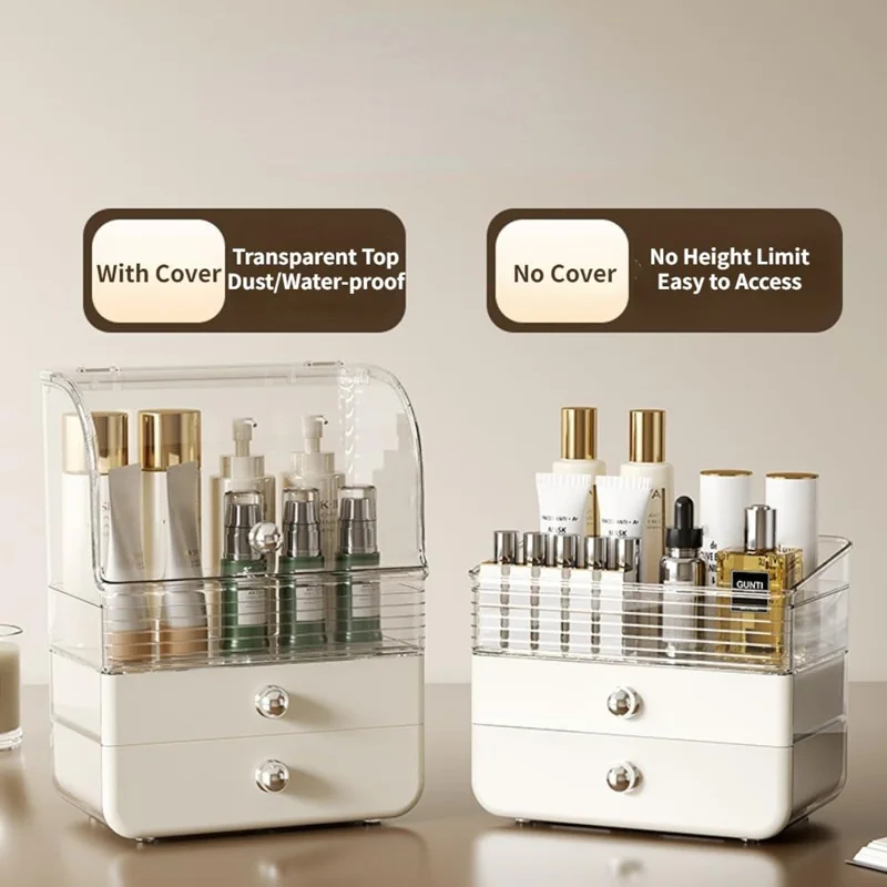 Caixa Organizadora de Cosméticos Transparente com Tampa Basculante Armazenamento de Gaveta para Penteadeira - Branco Cremoso