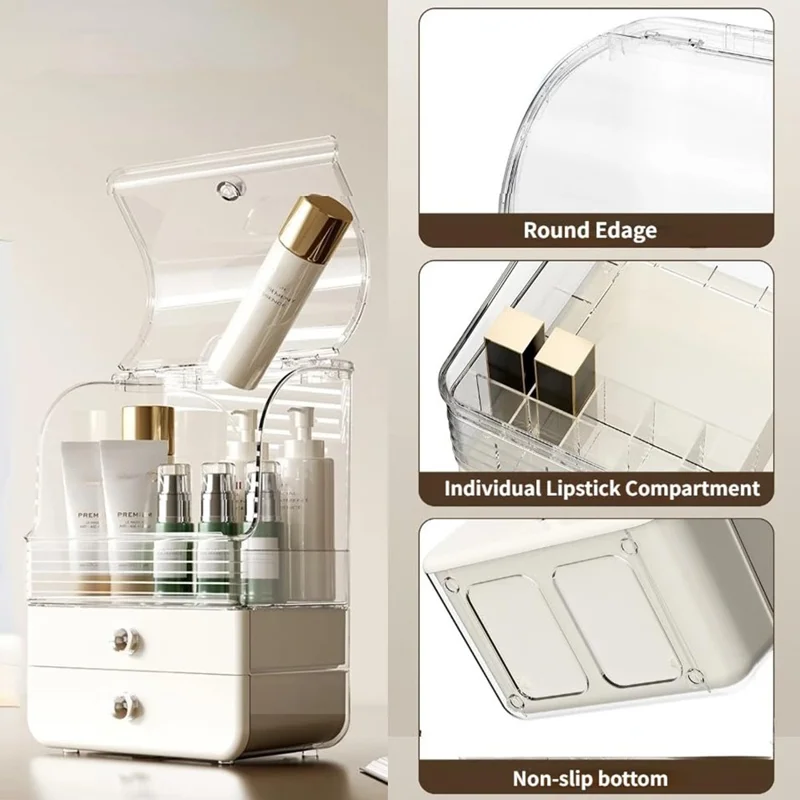 Caixa Organizadora de Cosméticos Transparente com Tampa Basculante Armazenamento de Gaveta para Penteadeira - Branco Cremoso