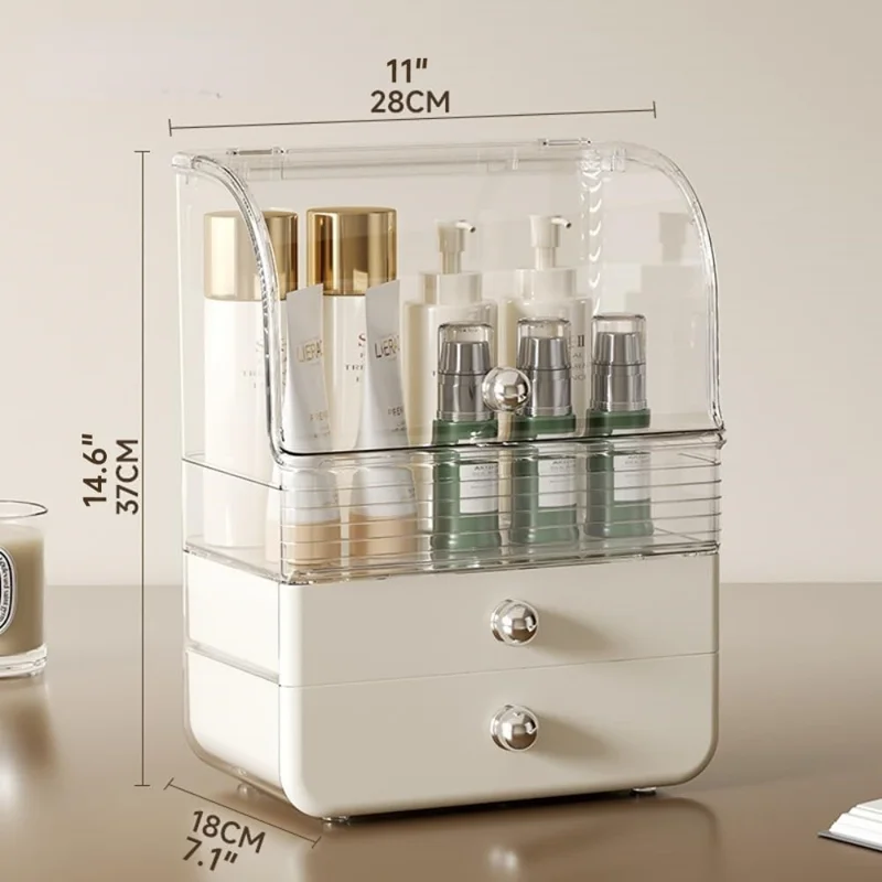Caixa Organizadora de Cosméticos Transparente com Tampa Basculante Armazenamento de Gaveta para Penteadeira - Branco Cremoso