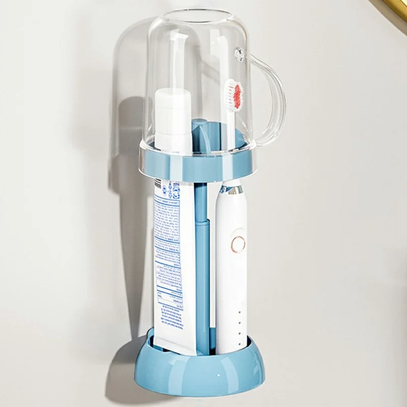 Portaspazzolini da bagno salvaspazio con porta bicchiere e funzione di asciugatura, antipolveree - Blu