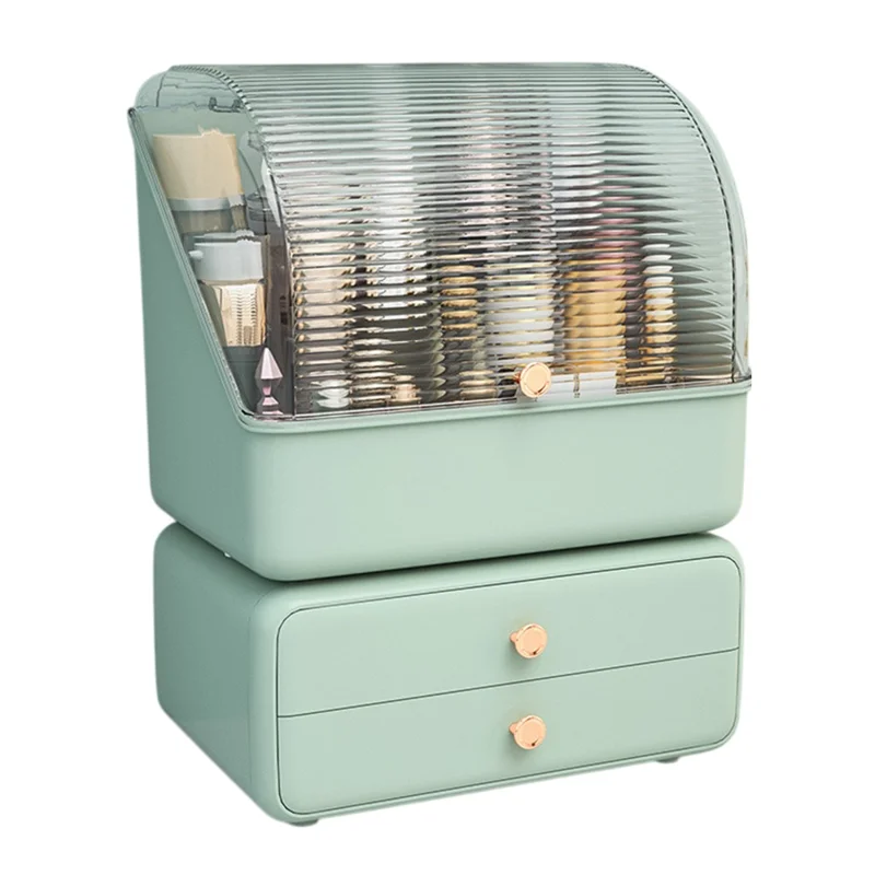 Transparent Dustproof Cosmetic Organizer Makeup Storage Box with Drawer Skincare Container - Light Green
