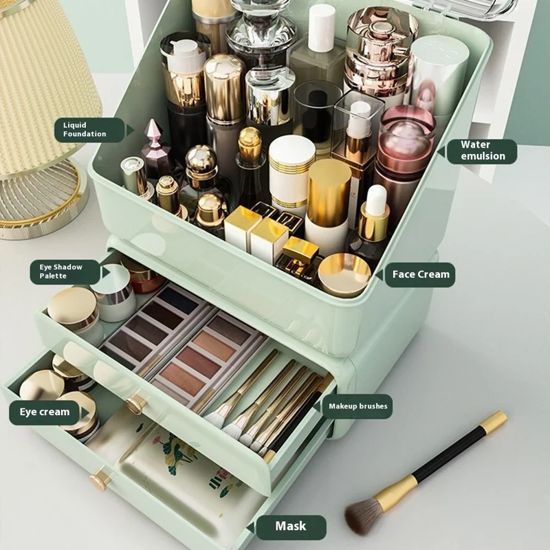 Transparent Dustproof Cosmetic Organizer Makeup Storage Box with Drawer Skincare Container - Light Green