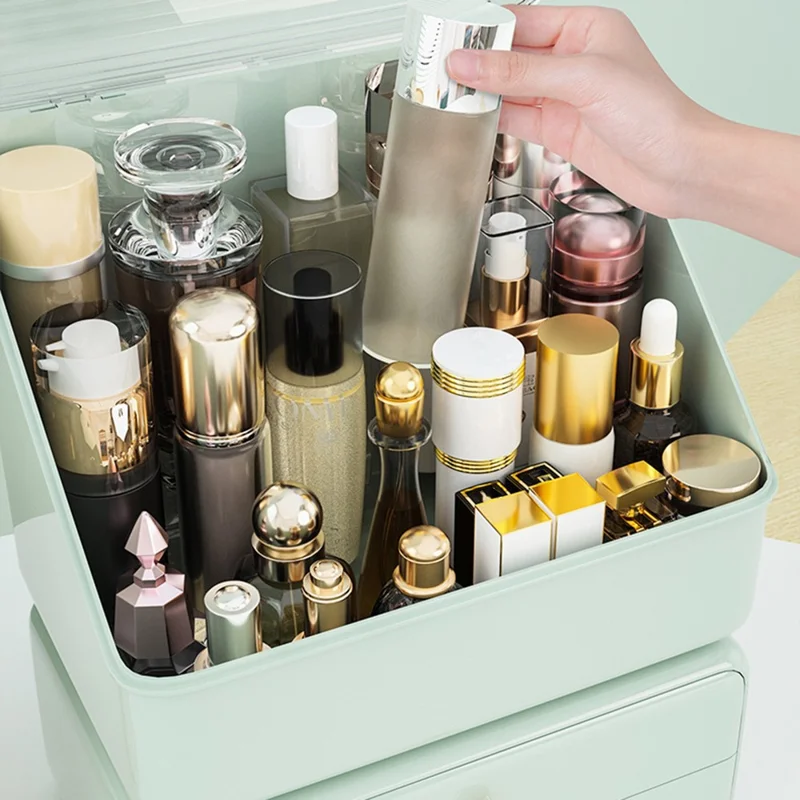 Transparent Dustproof Cosmetic Organizer Makeup Storage Box with Drawer Skincare Container - Light Green