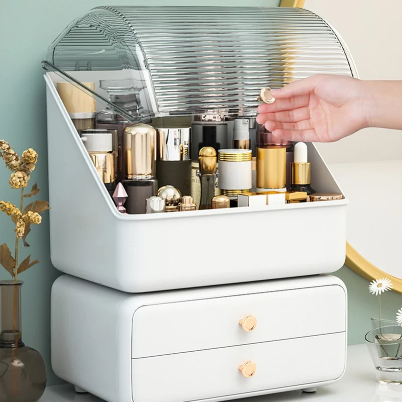 Transparent Dustproof Cosmetic Organizer Makeup Storage Box with Drawer Skincare Container - Light Green