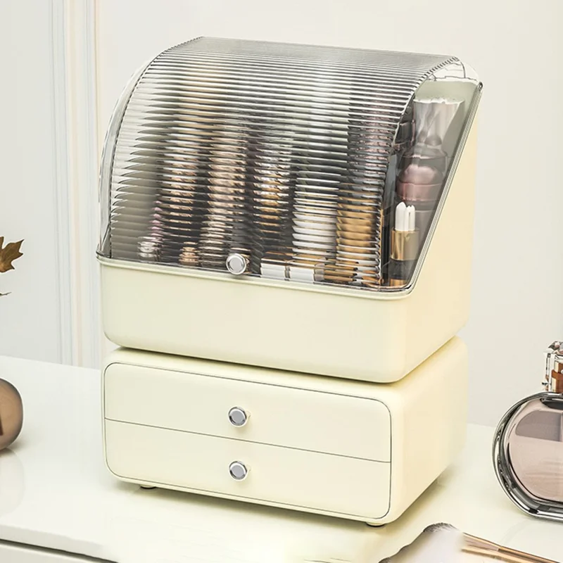 Transparent Dustproof Cosmetic Organizer Makeup Storage Box with Drawer Skincare Container - Cream Yellow