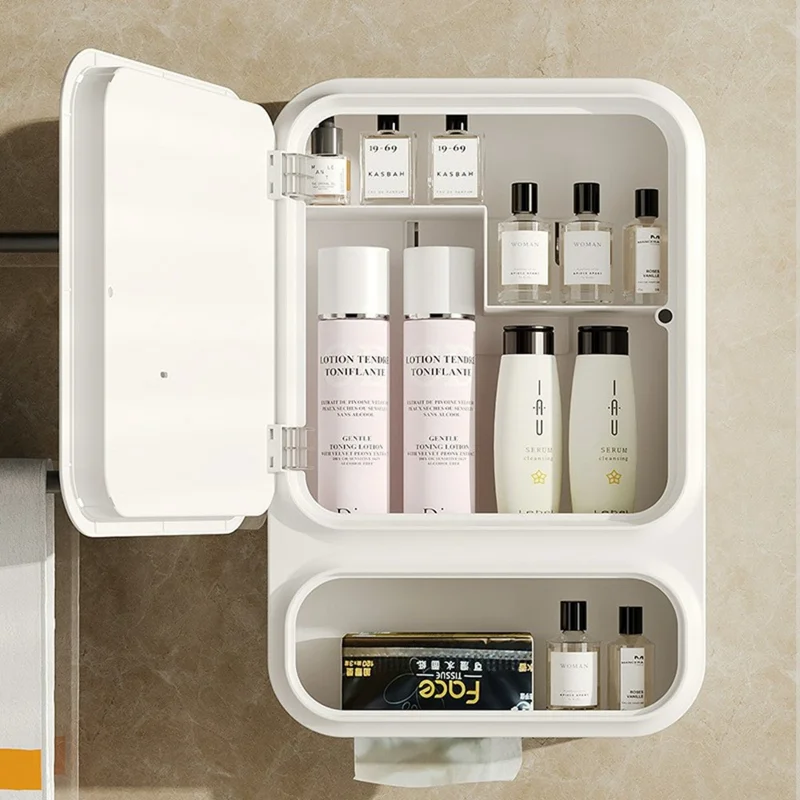 Armadietto da Bagno Montaggio a Parete con Specchio Senza Forare Organizzatore Multifunzionale per Cosmetici in PP - Bianco