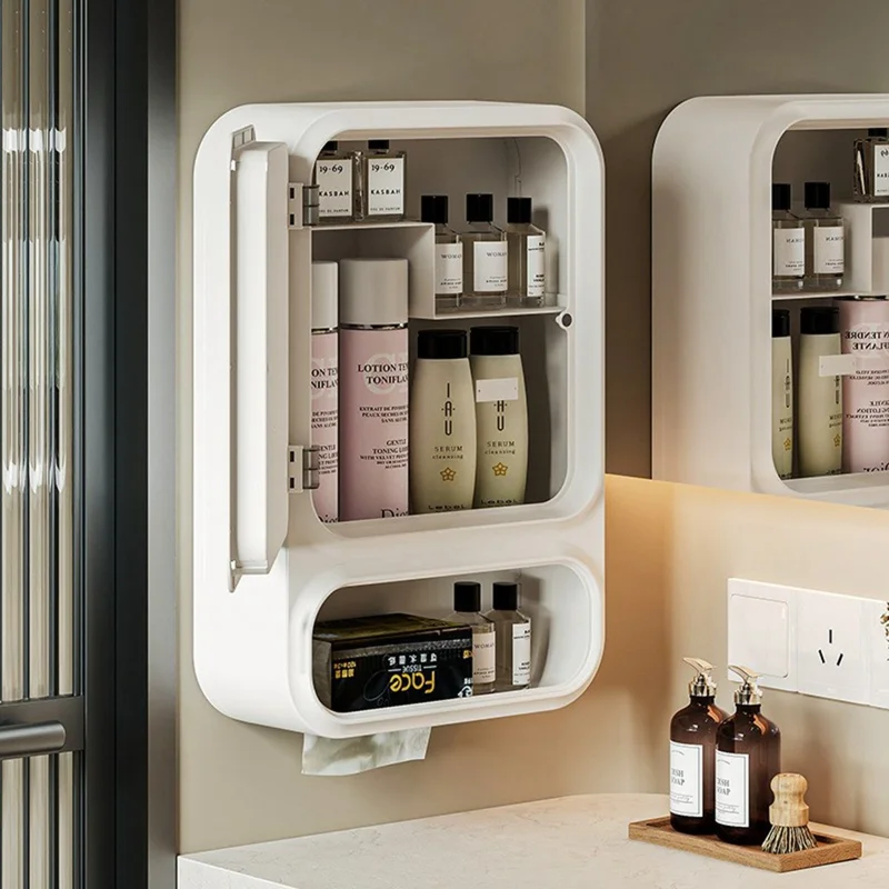 Armadietto da Bagno Montaggio a Parete con Specchio Senza Forare Organizzatore Multifunzionale per Cosmetici in PP - Bianco