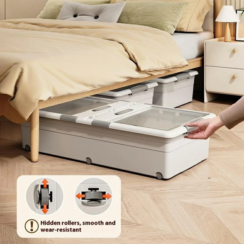 Caja de almacenamiento de ropa de polipropileno (PP) debajo de la cama plegable con tapa de doble cara, antipolvo y con ruedas, 100x50x13,5 cm - Blanco