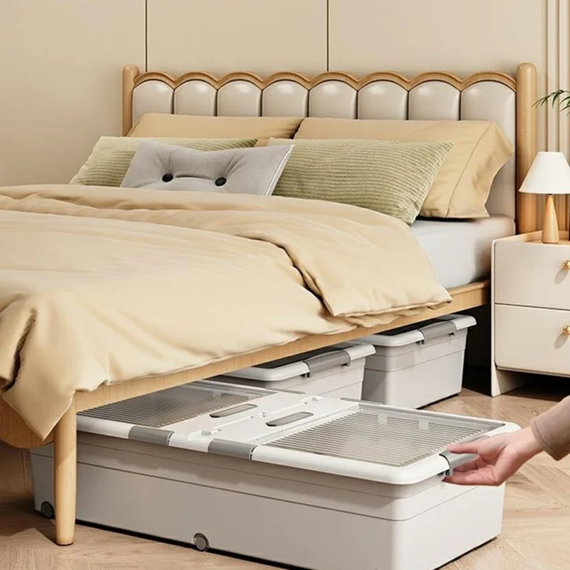 Caja de almacenamiento de ropa de polipropileno (PP) debajo de la cama plegable con tapa de doble cara, antipolvo y con ruedas, 100x50x13,5 cm - Blanco