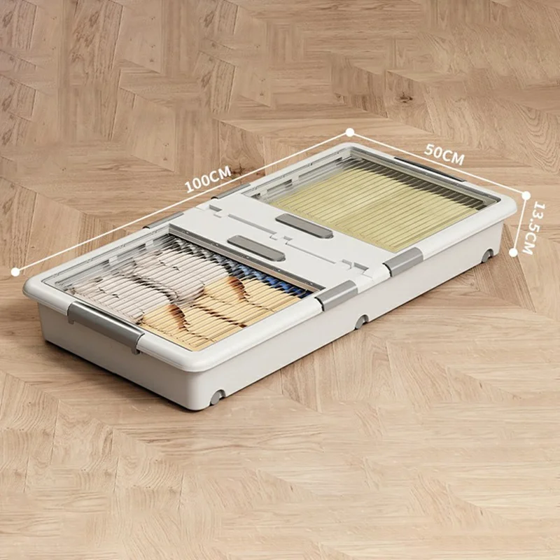 Caja de almacenamiento de ropa de polipropileno (PP) debajo de la cama plegable con tapa de doble cara, antipolvo y con ruedas, 100x50x13,5 cm - Blanco