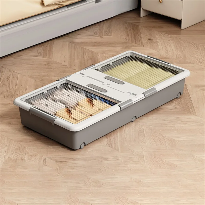 Under Bed Clothes Bedding PP Storage Box Foldable Double-Sided Lid Dustproof Organizer with Wheels, 100x50x16.5cm - Grey