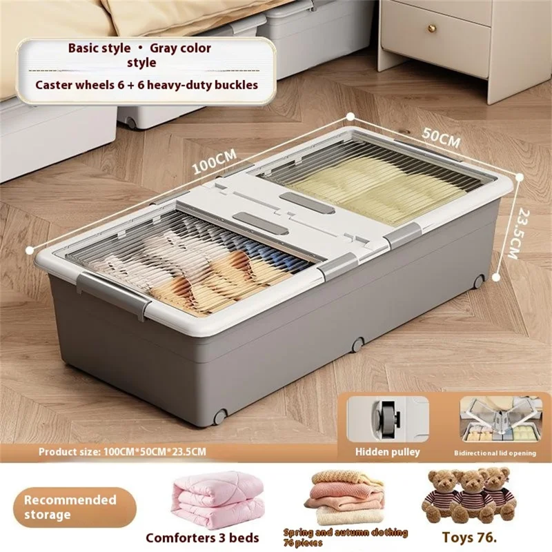 Under Bed Clothes Bedding PP Storage Box Foldable Double-Sided Lid Dustproof Organizer with Wheels, 100x50x23.5cm - Grey