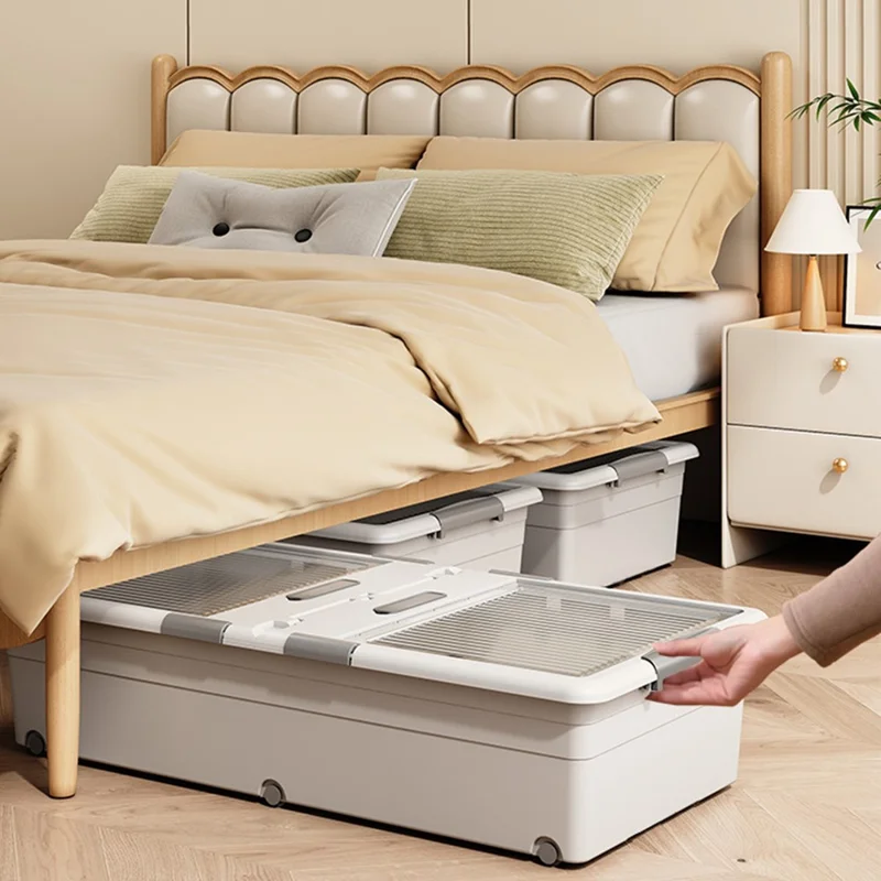 Under Bed Clothes Bedding PP Storage Box Foldable Double-Sided Lid Dustproof Organizer with Wheels, 100x50x23.5cm - Grey
