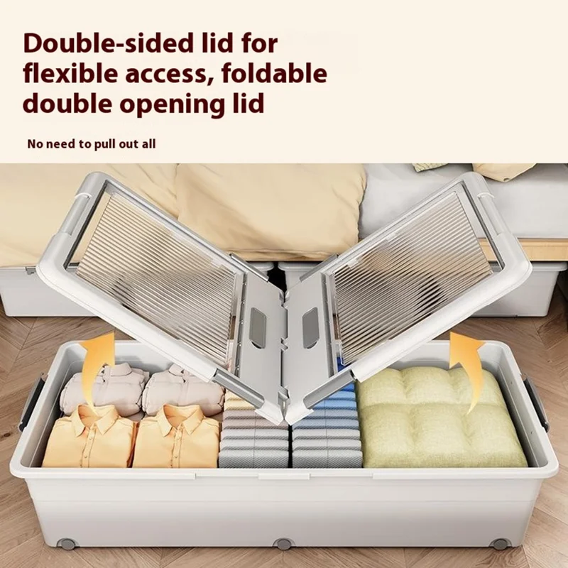 Under Bed Clothes Bedding PP Storage Box Foldable Double-Sided Lid Dustproof Organizer with Wheels, 100x50x23.5cm - Grey