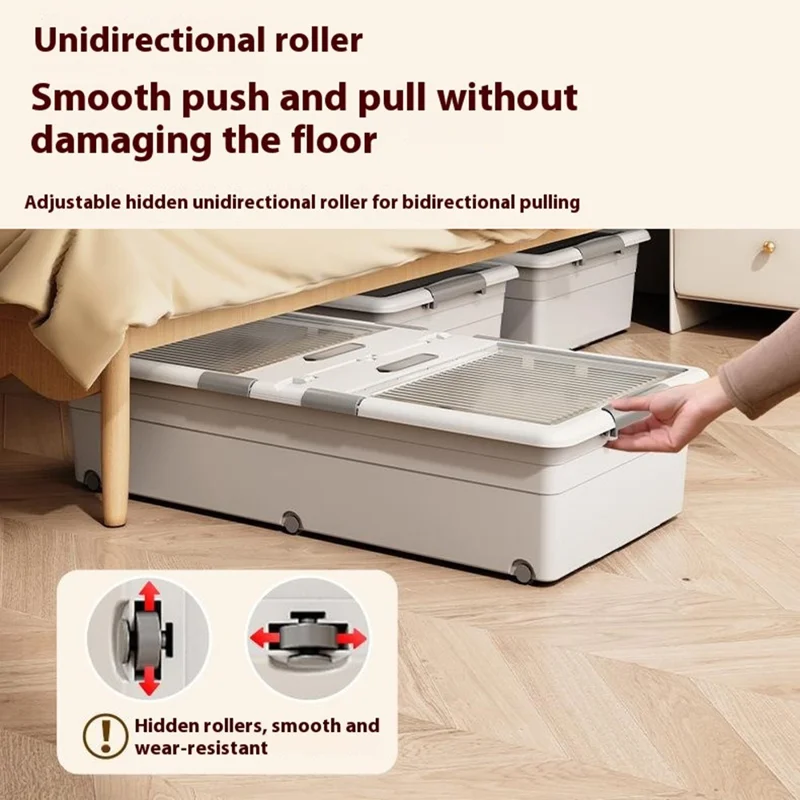 Under Bed Clothes Bedding PP Storage Box Foldable Double-Sided Lid Dustproof Organizer with Wheels, 100x50x23.5cm - Grey