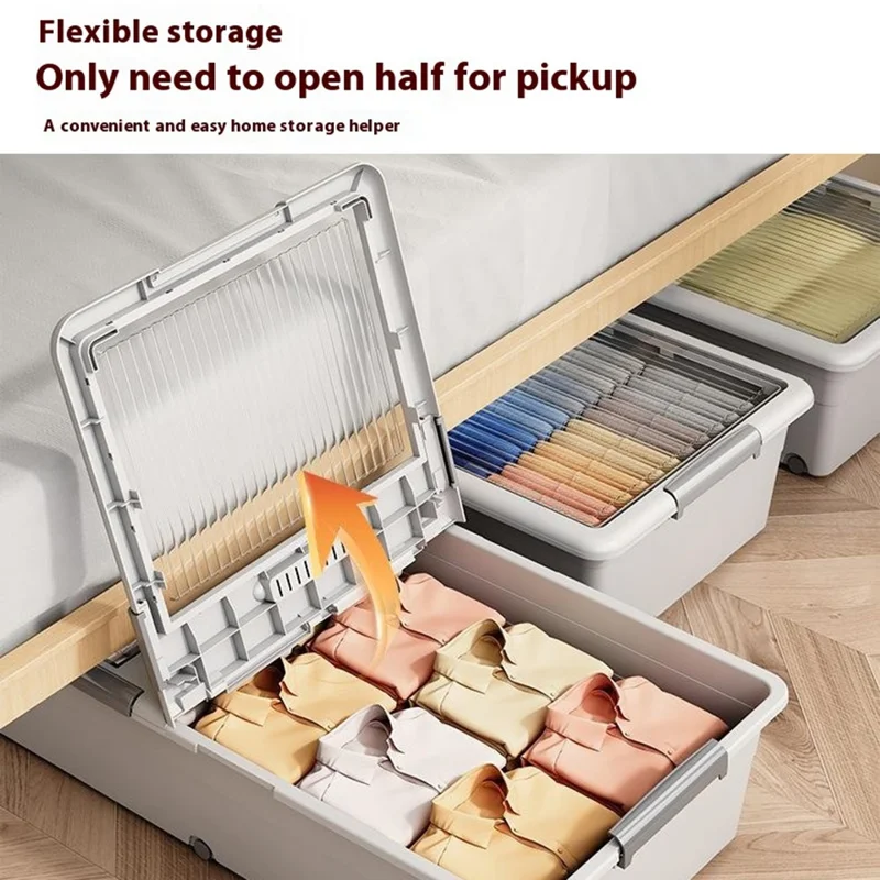Under Bed Clothes Bedding PP Storage Box Foldable Double-Sided Lid Dustproof Organizer with Wheels, 100x50x23.5cm - Grey