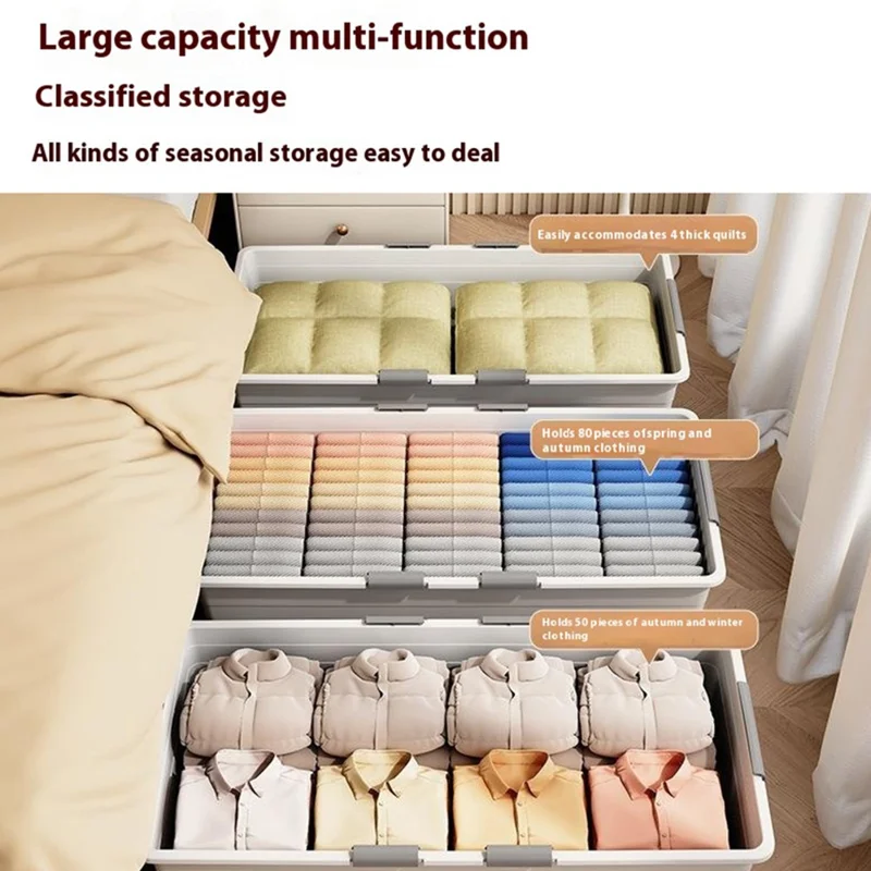 Under Bed Clothes Bedding PP Storage Box Foldable Double-Sided Lid Dustproof Organizer with Wheels, 100x50x23.5cm - Grey