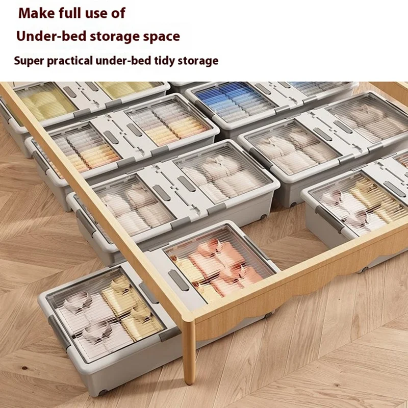 Under Bed Clothes Bedding PP Storage Box Foldable Double-Sided Lid Dustproof Organizer with Wheels, 100x50x23.5cm - Grey