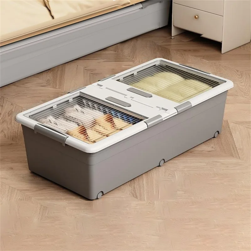 Under Bed Clothes Bedding PP Storage Box Foldable Double-Sided Lid Dustproof Organizer with Wheels, 100x50x28.5cm - Grey