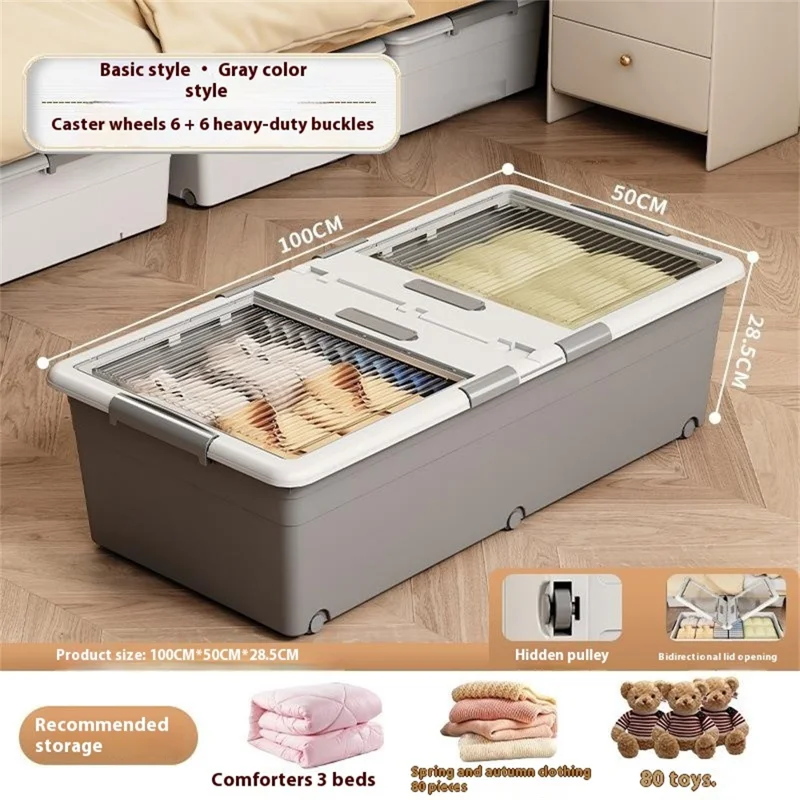 Under Bed Clothes Bedding PP Storage Box Foldable Double-Sided Lid Dustproof Organizer with Wheels, 100x50x28.5cm - Grey