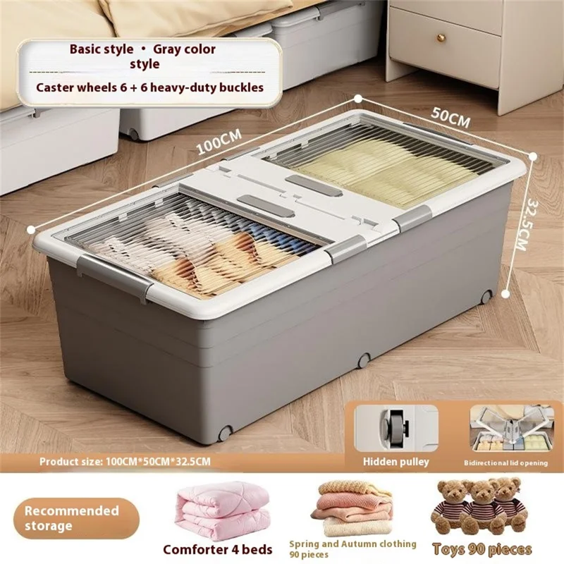 Boîte de rangement pliable pour literie sous le lit, PP, avec couvercle double face, anti-poussière, avec roulettes, 100x50x32,5 cm - Gris