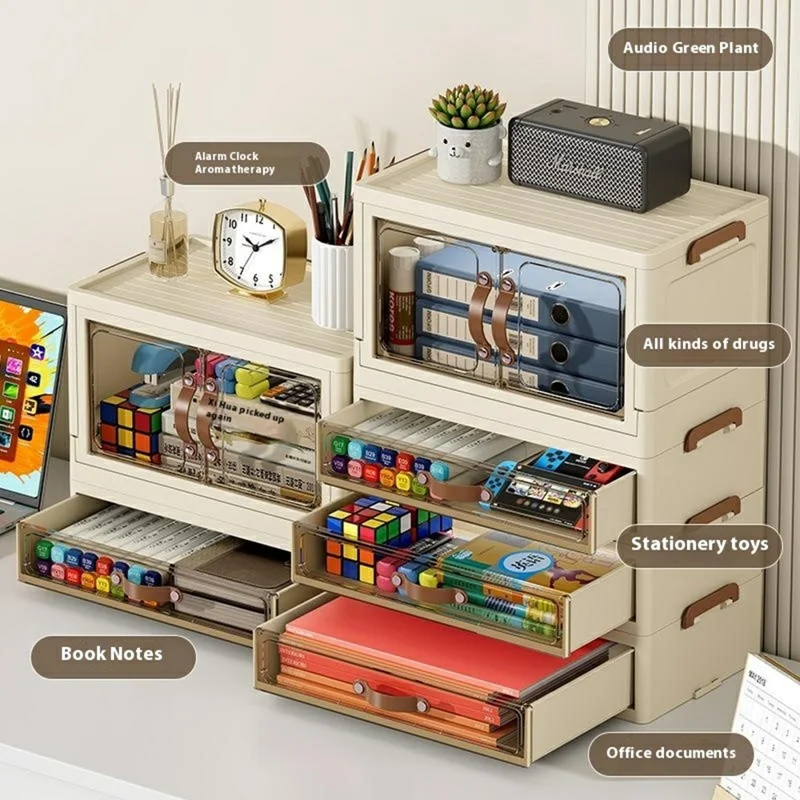 2-Layer Cabinet Desktop PP Organizer Transparent Door Stationery Cosmetics Storage Box